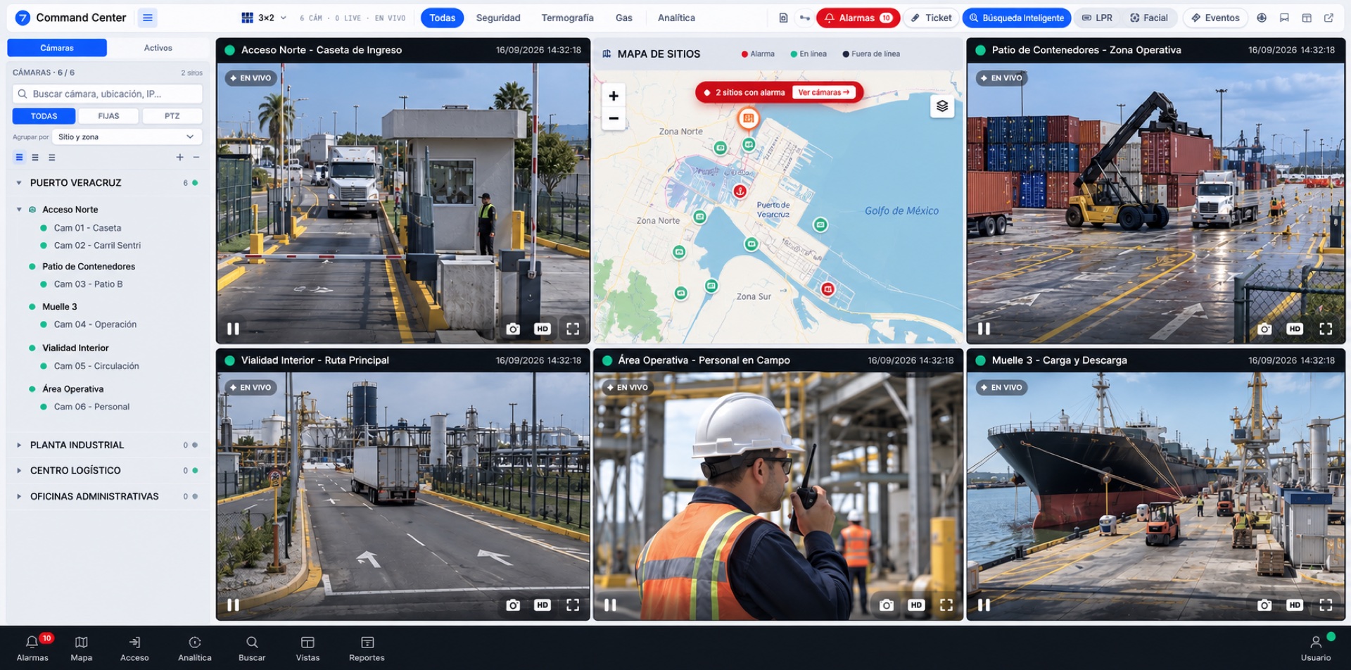 Command Center: seis cámaras en vivo en rejilla de tres por dos, el mapa del sitio con las cámaras en alarma y el árbol de cámaras por sitio y zona a la izquierda.