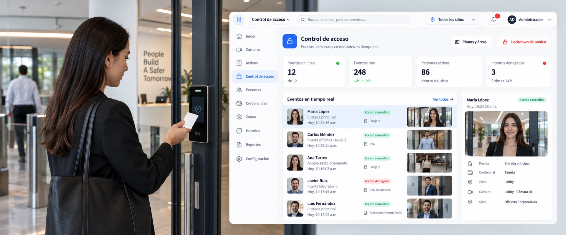 Consola de control de acceso: el plano del sitio con sus puertas, la lista de eventos del día y el video del paso seleccionado.