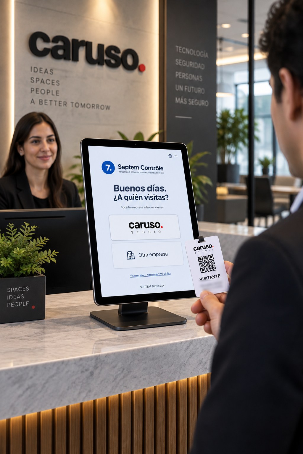 Pantalla del kiosco de visitas: la pregunta «¿A quién visitas?» con las empresas del edificio para elegir con un toque.
