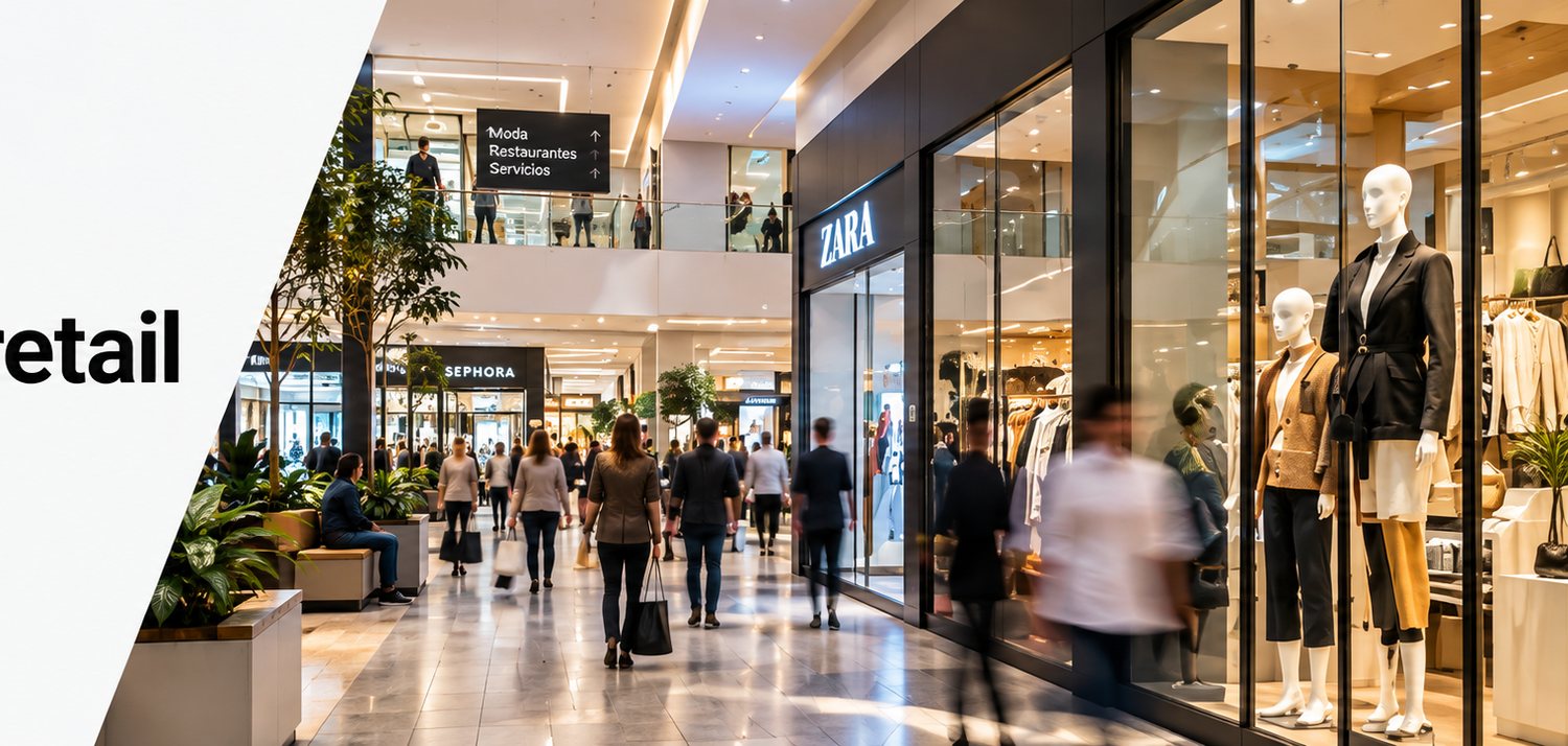 El pasillo de un centro comercial con gente caminando entre locales iluminados y escaparates.
