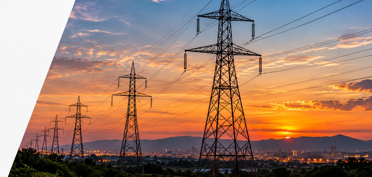 Una línea de torres de transmisión de alta tensión sobre una colina al atardecer, con la ciudad iluminada al fondo.