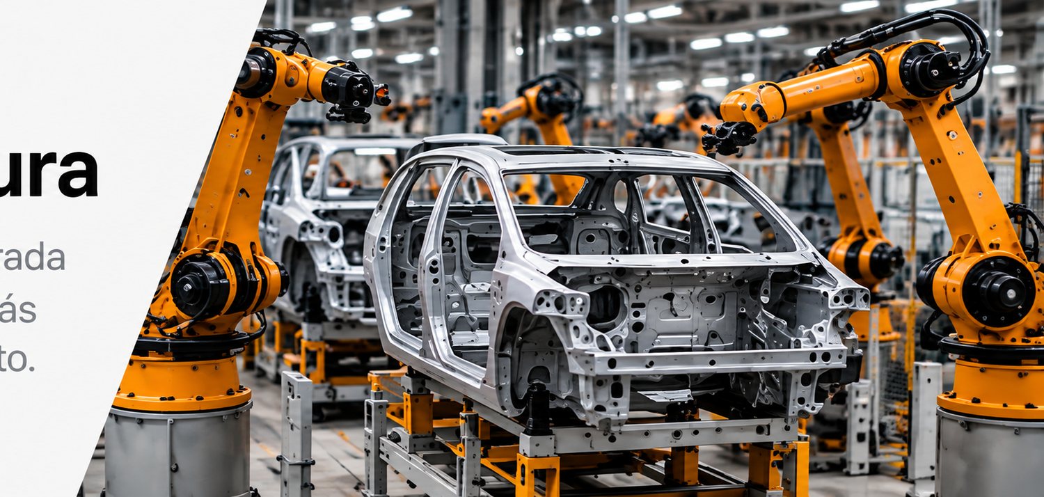 Una línea de ensamble automotriz con brazos robóticos naranjas trabajando sobre carrocerías en una nave iluminada.