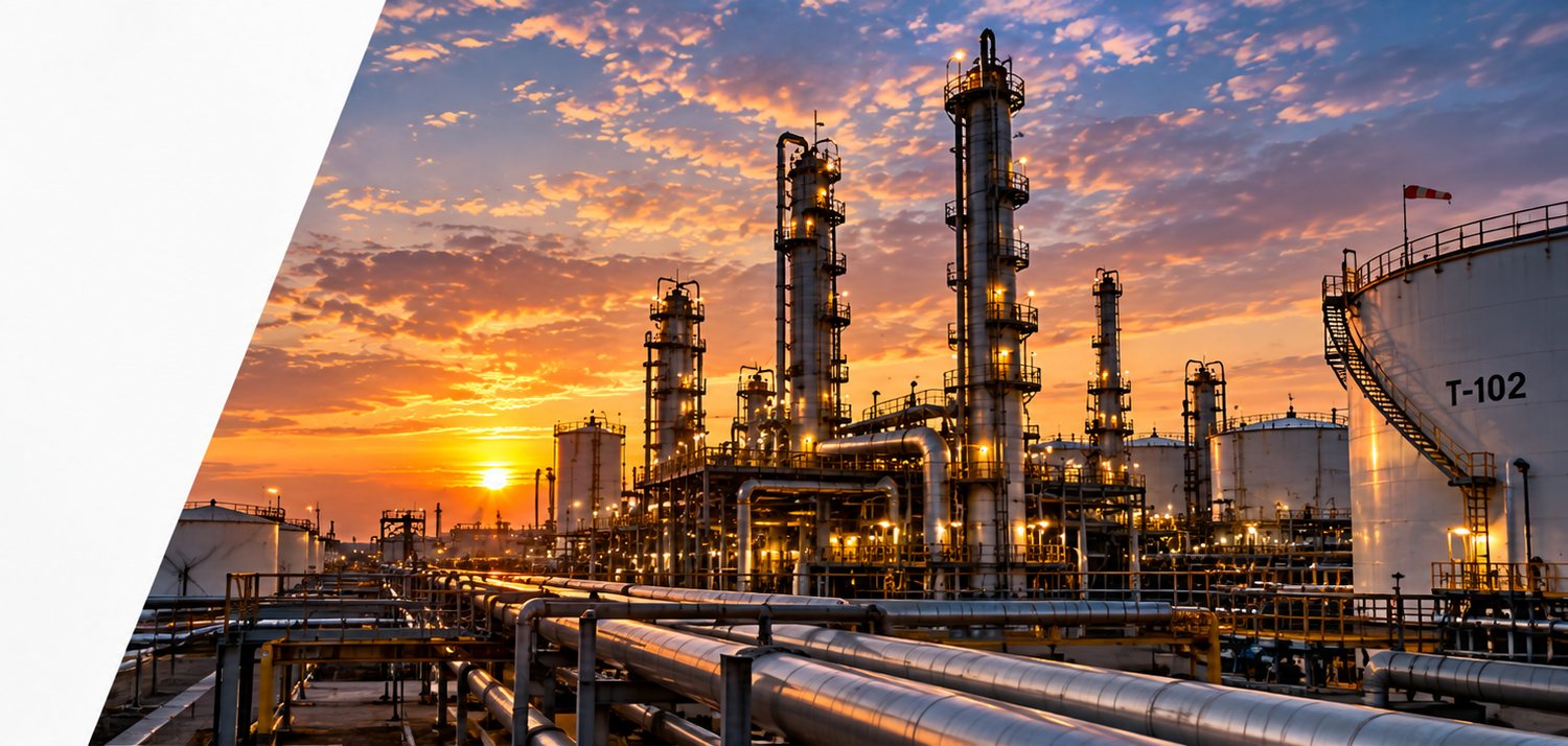 Una refinería al atardecer con sus torres de destilación iluminadas, líneas de tubería en primer plano y tanques de almacenamiento a la derecha.