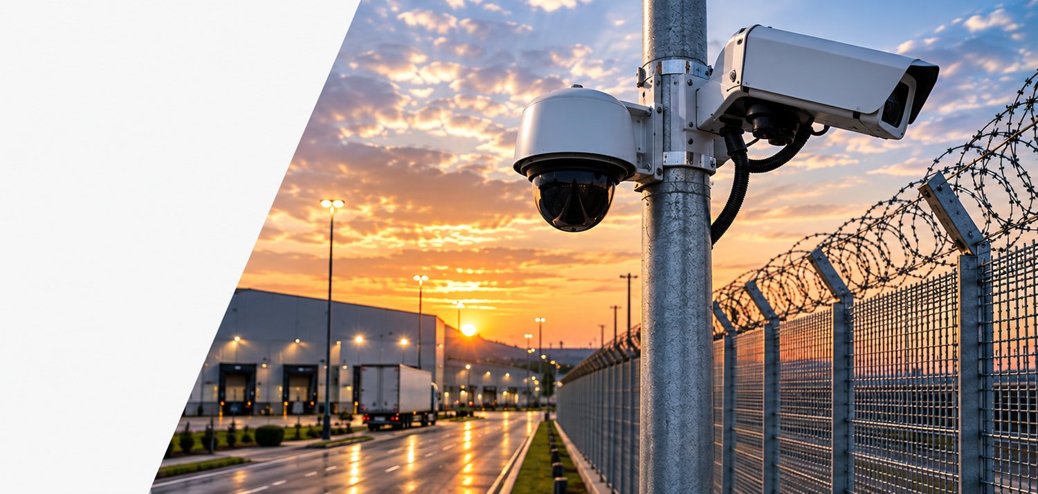 Dos cámaras de seguridad —una fija y un domo móvil— montadas en un poste junto a una malla con concertina, al atardecer, sobre los andenes iluminados de un centro de distribución.