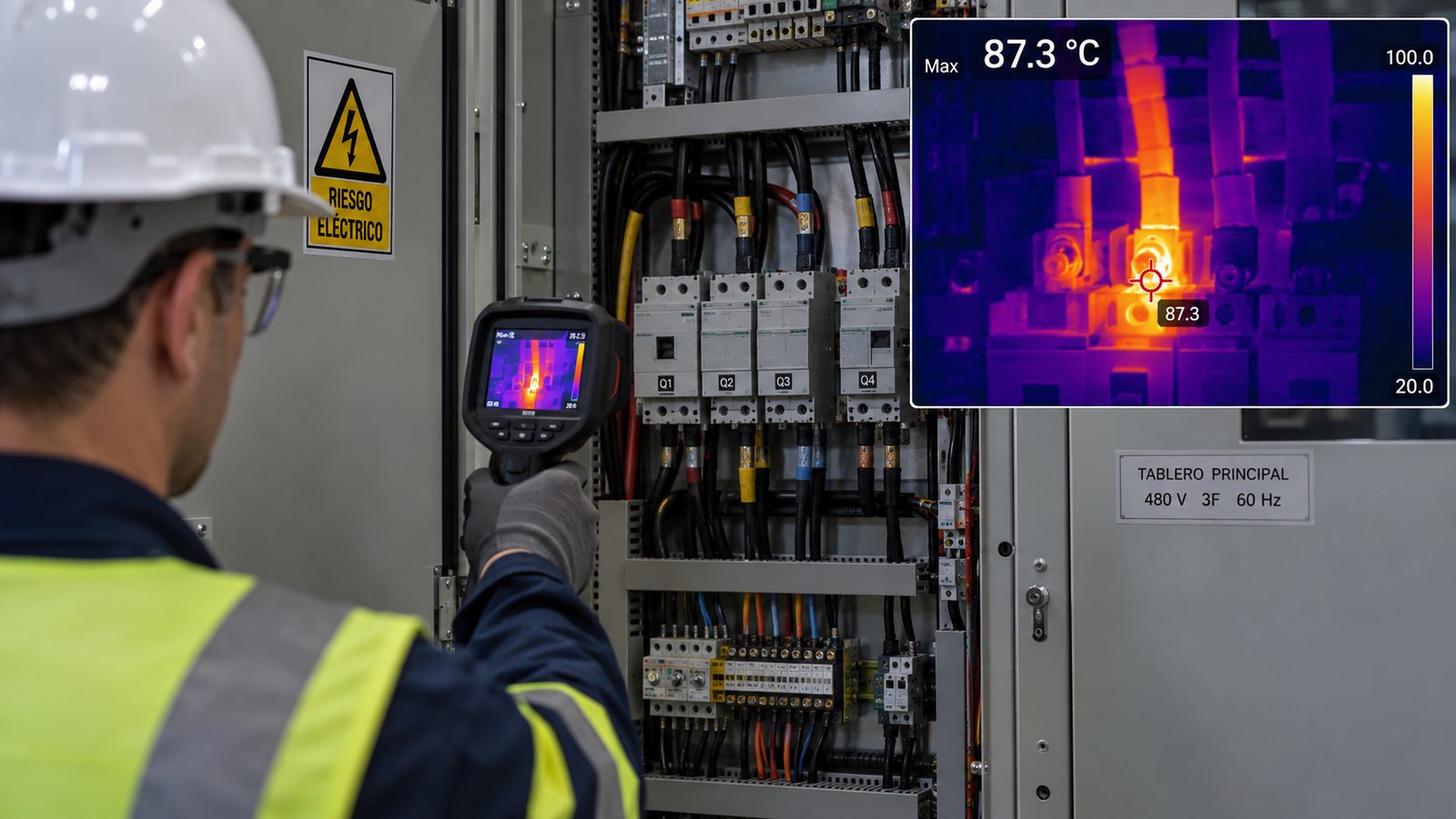 Un técnico con casco y guantes apunta una cámara termográfica portátil al interior de un tablero eléctrico abierto de 480 V, con los interruptores rotulados Q1 a Q4. Al lado, la imagen térmica de la misma escena marca el punto más caliente en 87,3 °C sobre una escala de 20 a 100 grados.